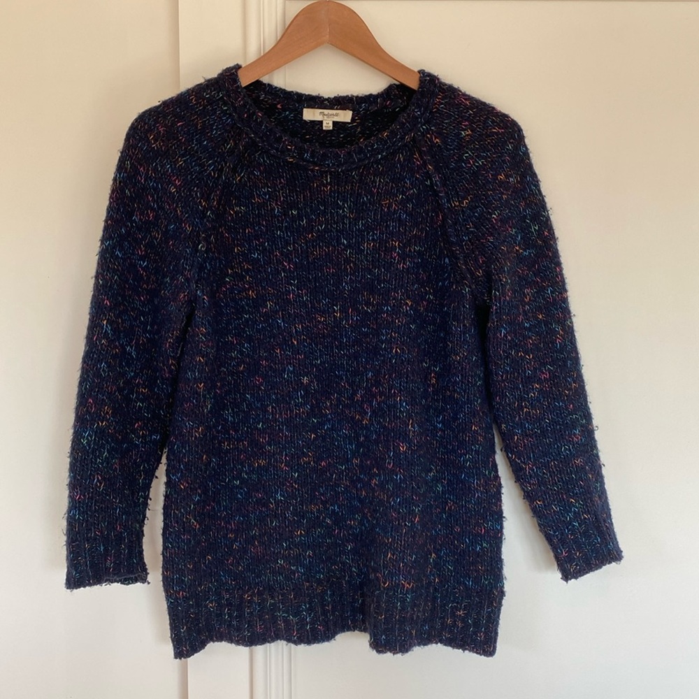 Madewell navy and rainbow speckled crew neck sweater